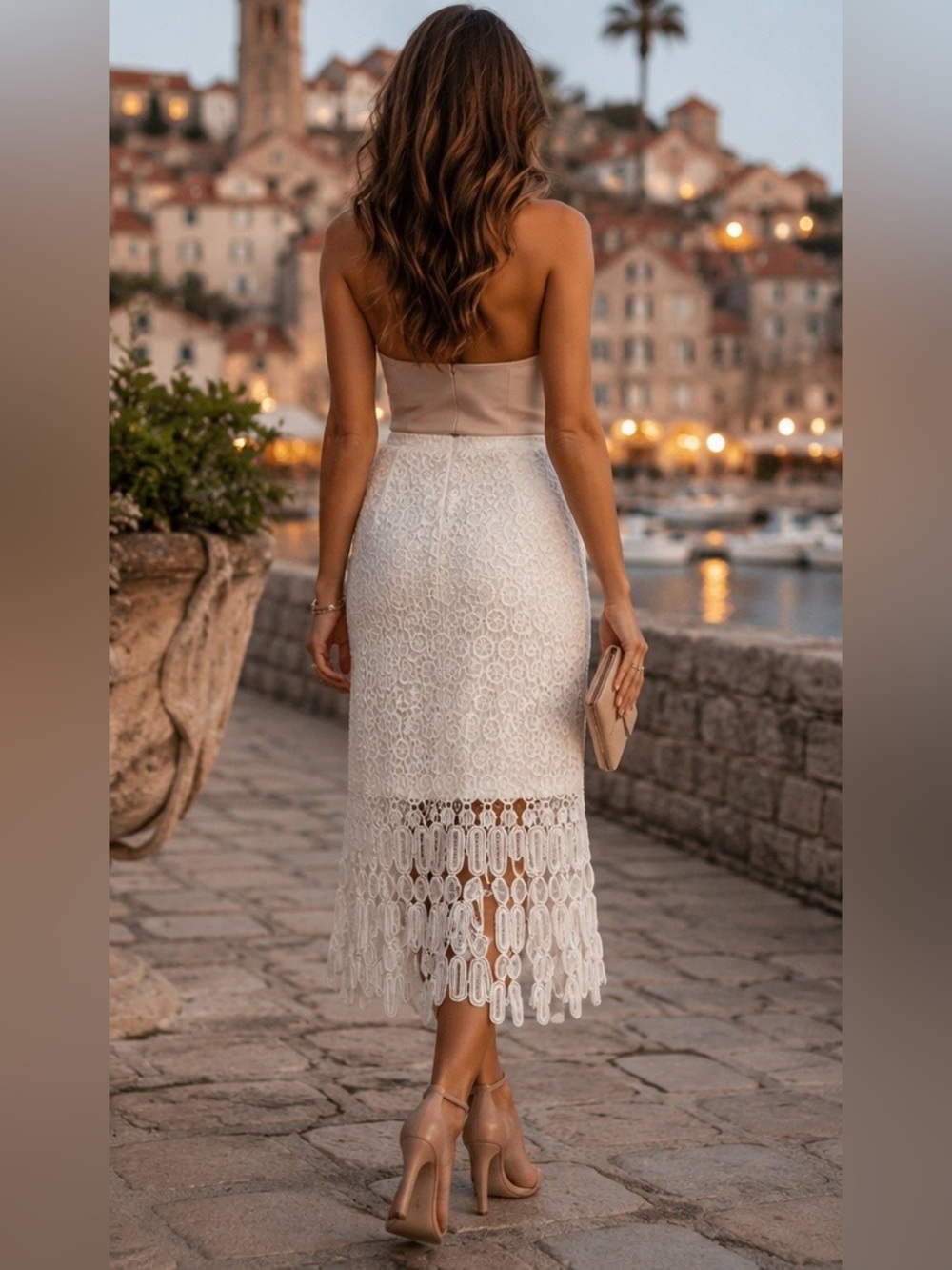 Skies Are Blue White Lace Midi Skirt with Fringe Hem - Picture 2 of 9